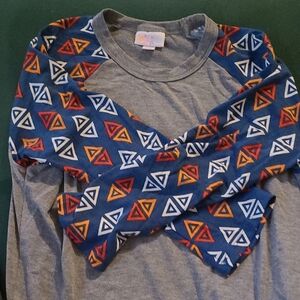 LuLaRoe Gray and Blue Long Sleeve Tee with Geometric Collar